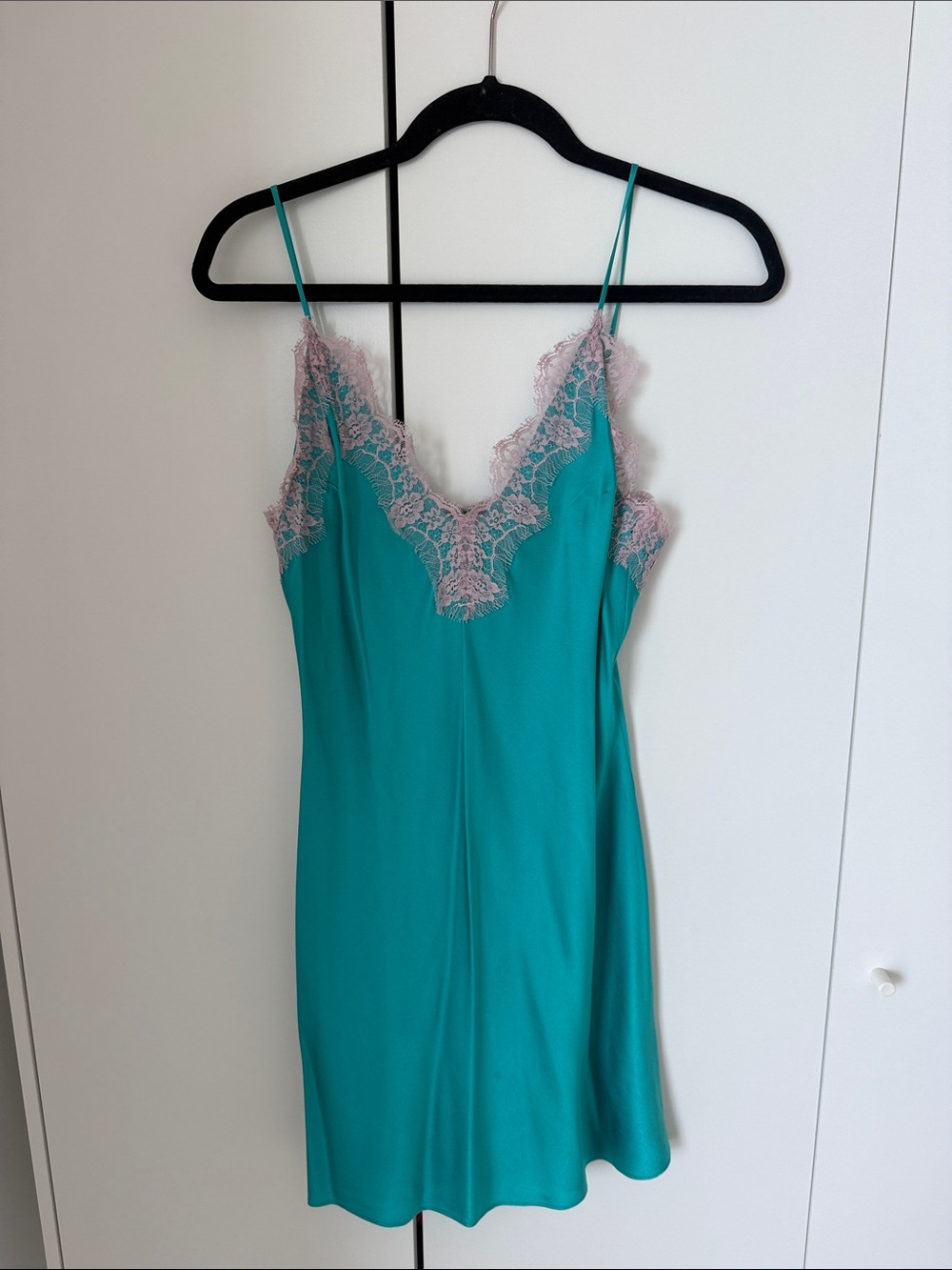 Fleur du Mal Teal Slip Dress with Pink Lace Trim